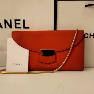 Celine Trotteur Crossbody Purse Clutch WOC Caviar Leather Tangerine